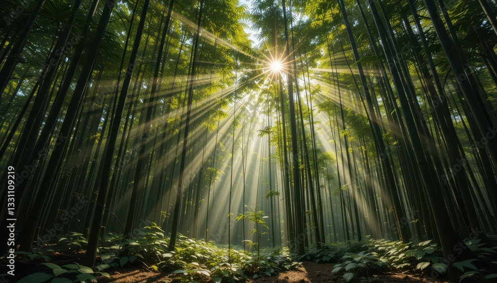 Poster sunlight filtering through lush bamboo forest with soft shadows
