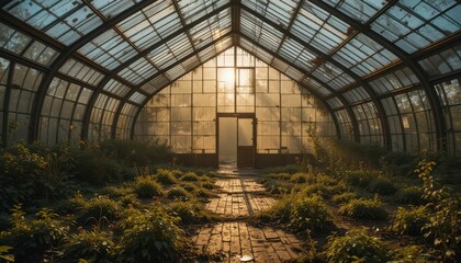 Serene Abandoned Greenhouse with Sunlight Streaming Through Glass