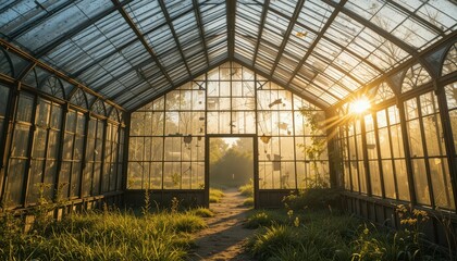 Abandoned Glass Greenhouse with Sunlight and Overgrown Plants