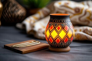 Ramadan Arabian lamp wood rosary Decorative lamp with intricate design and warm glow on a textured surface.