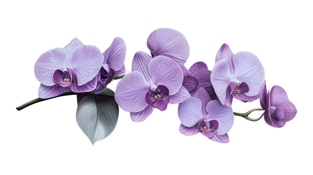 Branch of beautiful purple orchid flowers blooming on transparent background