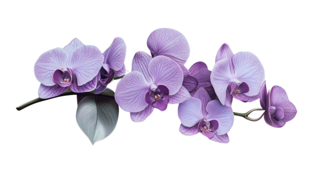 Branch of beautiful purple orchid flowers blooming on transparent background