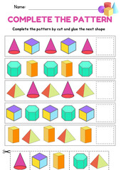 Math 2D and 3D Shape Pattern Sequence worksheet for Toddler, fine motor skill, what's come next, template