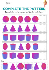 Math 2D and 3D Shape Pattern Sequence worksheet for Toddler, fine motor skill, what's come next, template
