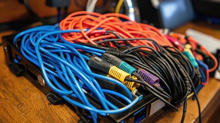 Neatly arranged workspace with a cable management box organizing multiple device wires