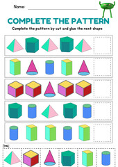 Math 2D and 3D Shape Pattern Sequence worksheet for Toddler, fine motor skill, what's come next, template