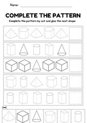 Math 2D and 3D Shape Pattern Sequence worksheet for Toddler, fine motor skill, what's come next, template