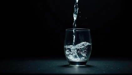 Water flows slowly and quietly from a decanter into a glass on black, refined, quiet