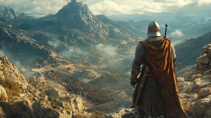 A knight defending a narrow mountain pass, holding back an entire army 