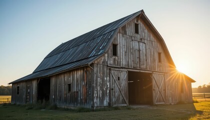 Naklejka premium Rustic Wooden Barn at Sunset in Peaceful Rural Landscape