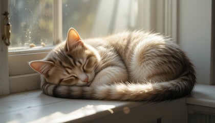 Cute fluffy cat sleeping peacefully on a sunny windowsill