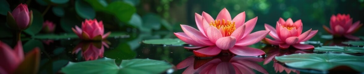 Fototapeta premium Water lily on natural red roses background flowers wall, waterlily, decoration, nature