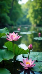Obraz premium Water lily plants thriving in a picturesque river landscape, serene scenery, blooming flowers