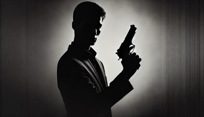 A mysterious man in a dark suit pointing a gun, silhouetted against a dramatic backlight. Intense, cinematic lighting adds suspense, evoking crime, thriller, law enforcement, or espionage themes.
