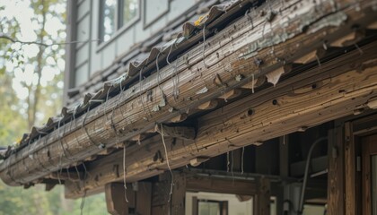 Fototapeta premium Weathered Wooden Eaves of an Old Building Surrounded by Nature