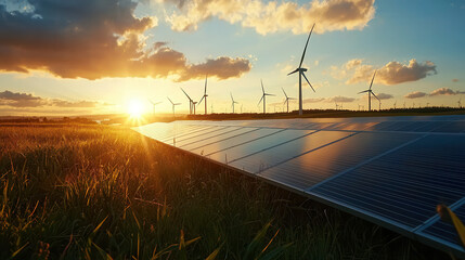 Fototapeta premium peaceful rural landscape with wind turbines and solar panels at sunset, showcasing renewable energy and sustainability