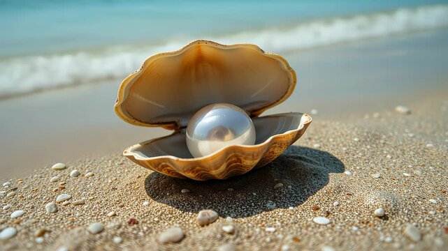  Pearl inside an open shell on a sandy beach with the ocean and small stones in the background