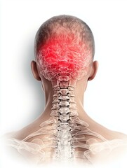 A man with a red brain tumor highlighted in a medical illustration for pain relief awareness and education