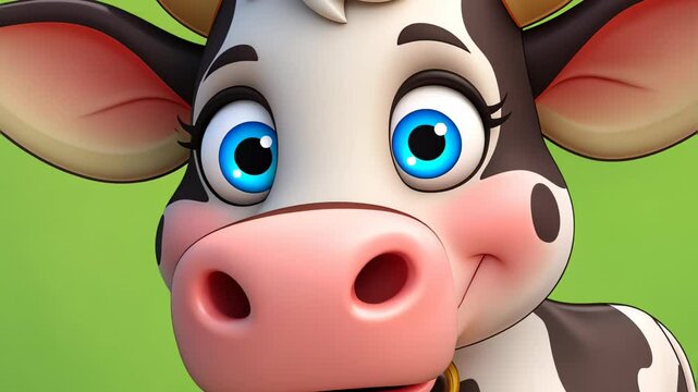  Animated cheerful cow with a bell on a green grassy field surrounded by yellow flowers