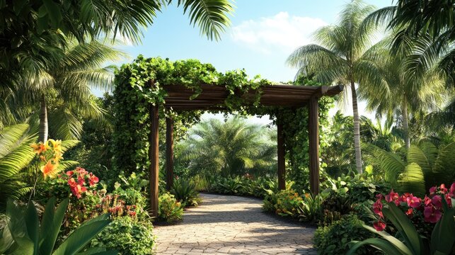 A Lush Garden Scene Featuring a Stone Path and a Pergola