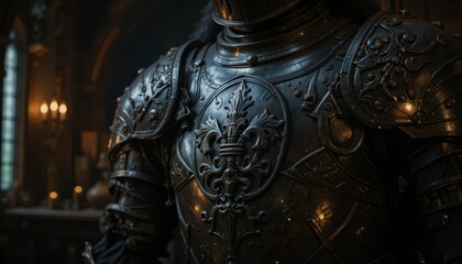 Ornate Medieval Armor Close-Up in Dimly Lit Historical Setting