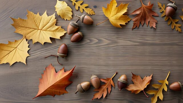  Scattered autumn leaves and acorns on a wooden surface creating a seasonal fall pattern