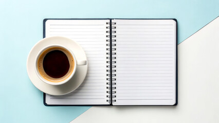 Productivity hacks concept. Open notebook beside a cup of coffee on a light background, ideal for creative inspiration.