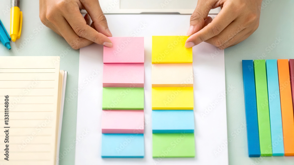 Poster productivity hacks concept. hands arranging colorful sticky notes on a desk for organization or brai