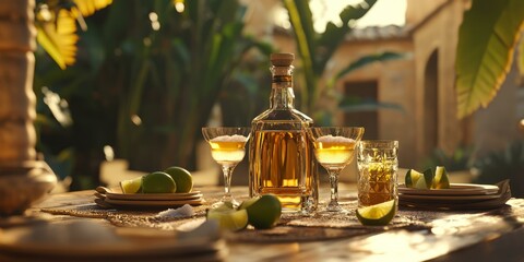 A beautiful table arrangement featuring a bottle of golden tequila with two glasses and lime wedges