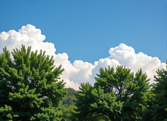 Obraz premium Lush Green Trees Against a Vivid Blue Sky with Fluffy White Cumulus Clouds Summer Nature Scene