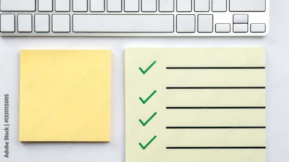 Aufkleber productivity hacks concept. a keyboard with sticky notes featuring a checklist and a blank note for 