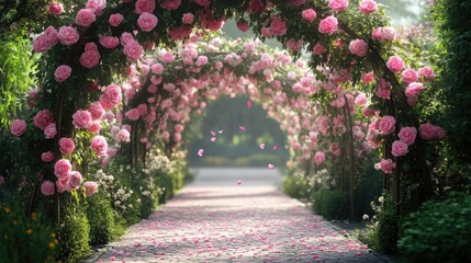 Beautiful pink rose archway over a brick paved garden pathway