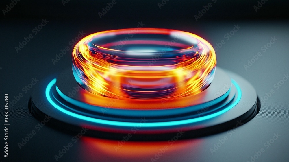 Poster glowing orb on illuminated platform, abstract 3d render.