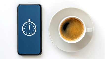 Productivity hacks concept. Coffee cup beside a smartphone displaying a timer, symbolizing productivity and time management.
