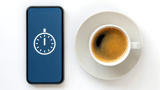 Productivity hacks concept. Coffee cup beside a smartphone displaying a timer, symbolizing productivity and time management.