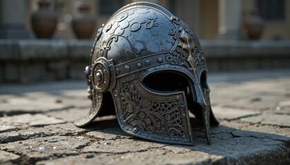 Ornate Vintage Helmet on Stone Ground with Blurred Background