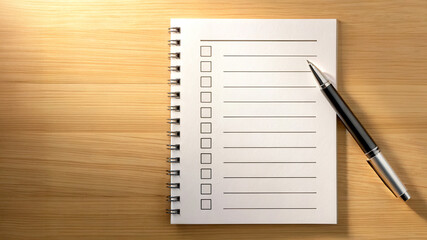 Productivity hacks concept. A blank notebook with a pen on a wooden surface, ready for notes or ideas.