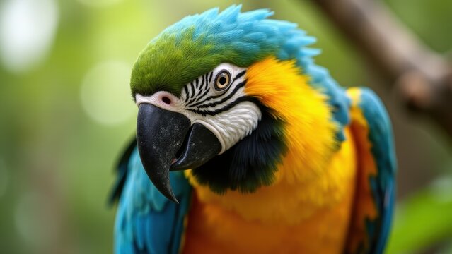 A vibrant mini macaw with blue, green, and yellow feathers is perched on a branch.