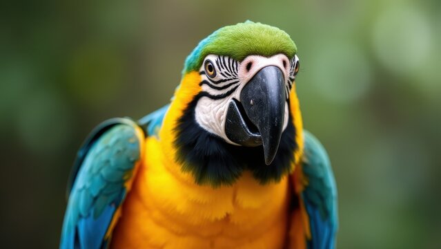 A vibrant blue and yellow mini macaw perched gracefully, showcasing its striking colors and distinctive black and white facial pattern.