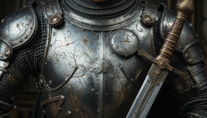 Fototapeta premium Detailed Close-up of Ornate Medieval Armor and Sword Display