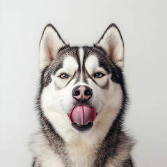 Fototapeta premium A Husky breed dog with its tongue out, set against a white background