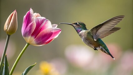 Fototapeta premium Hummingbird Feeding on Tulip Flower