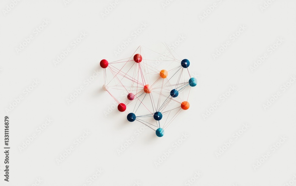 Poster colorful pushpins connected by string on white background