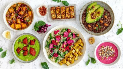 A vibrant vegan meal, featuring quinoa salad, grilled tofu, avocado toast, smoothie bowls, and roasted vegetables, artfully arranged on a minimalist white table, is seen from a top view.