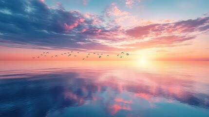 Obraz premium A tranquil view of the ocean at dusk, with birds dotting the sky and the vivid colors of the sunset mirroring the water's surface.