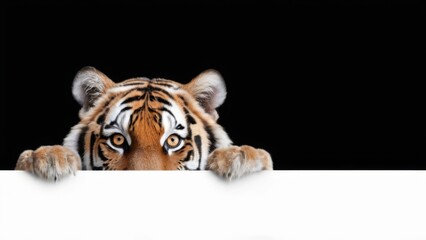 Tiger's Face Closeup with Blank White Banner on Black Background