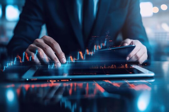 A dynamic digital financial interface with a businessman using a tablet, displaying a combination of blockchain technology and trading candlesticks.