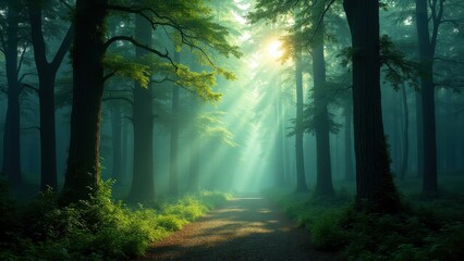 Naklejka premium Sunlight filters through the trees in a myst forest, creating a serene and enchanting atmosphere