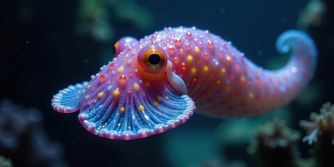 A vibrant aquatic creature with a unique shell-like body and captivating iridescent colors, showcasing intricate details and a mesmerizing underwater scene.