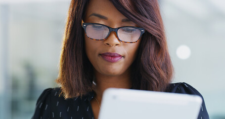 Business, woman and tablet with reading in office for market research, project management system...
